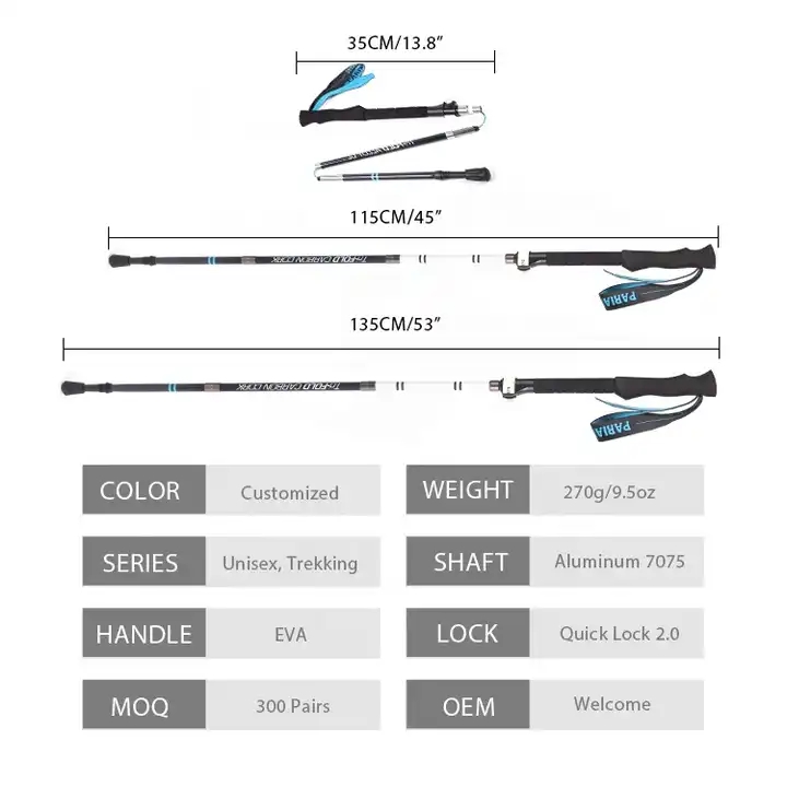 Custom Nordic Cheap Lightweight 5 Sections Collapsible Foldable Aluminum Walking Trekking Stick