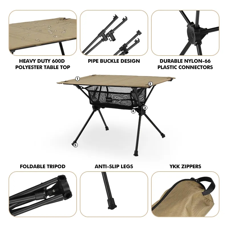 Custom Logo Outdoor Compact Aluminum Folding Table Oxford Top Portable 600d Camp Table with Storage Net Bag