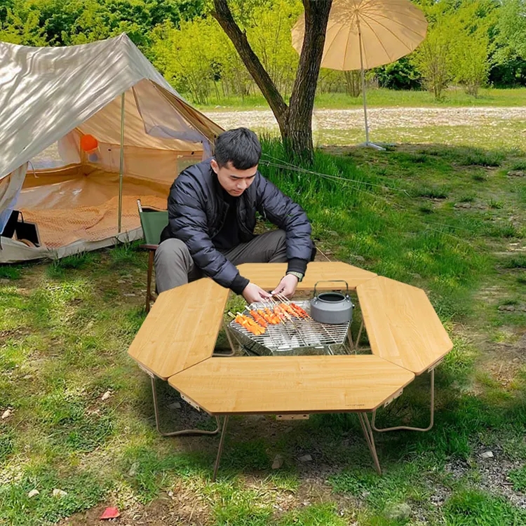 Portable Foldable Octagonal Table Camping Wooden Picnic Table For Family Outdoor