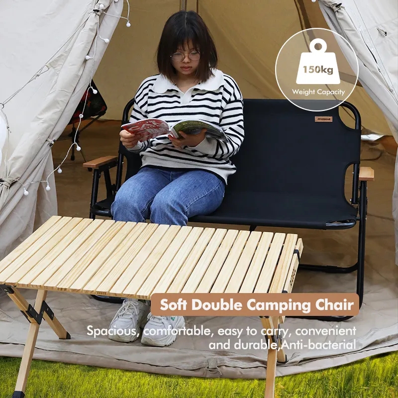 Outdoor Double Seat Camping Chair Portable Folding Camping Chair with Beech Armrest