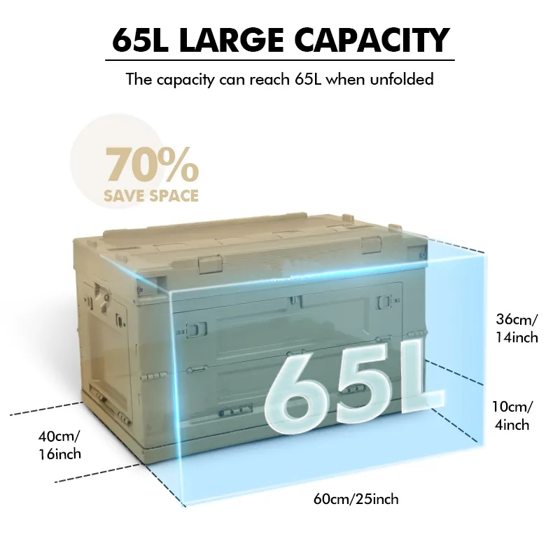 New Arrival Multifunctional Plastic Storage Boxes 65L Folding Camping Collapsible Storage Box