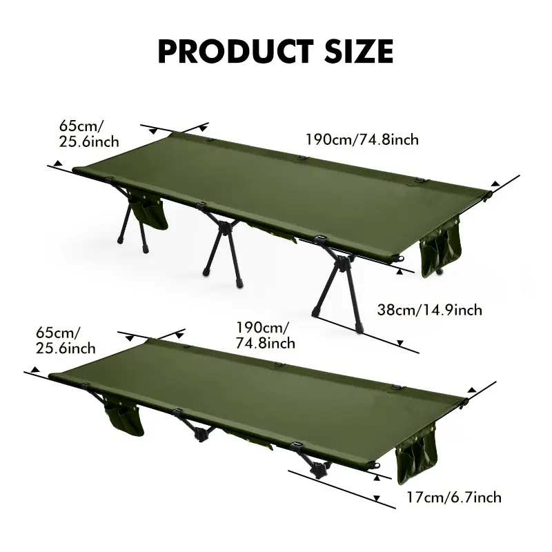 New Arrive Adjustable Height Folding Camp Bed Portable Travel Cot Folding Bed With Side Pocket for Adult